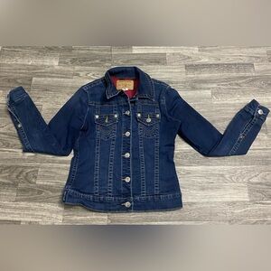 Red True Religion Section Trucker Jacket Dark Denim W/Red Flannel Liner Sz S